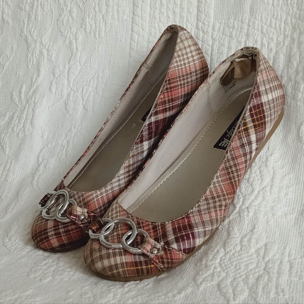 American Eagle Outfitters Pink Plaid Flats Silver Buckles Sparkly Flats School - Picture 9 of 14